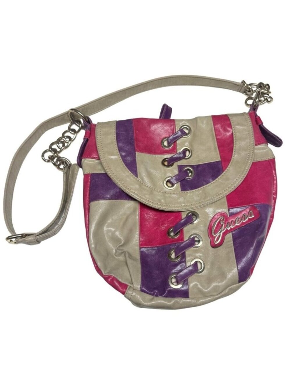 Y2K Guess Patchwork Shoulder Crossbody Bag – Pink/Purple/Beige – Vintage 2000s